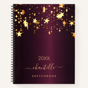 Sketchbook burgundy gold stars monogram name notebook
