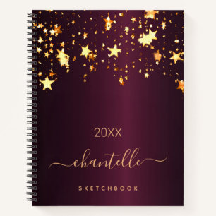 Sketchbook burgundy gold stars name notebook