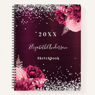 Sketchbook burgundy silver florals  notebook