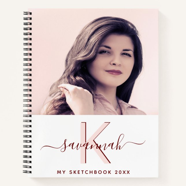 Sketchbook custom photo white rose gold monogram notebook (Front)