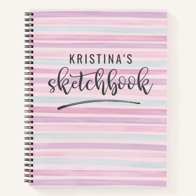 Sketchbook Cute Pink Watercolor Stripe Notebook (Front)