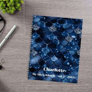 Sketchbook dark blue mermaid scales name notebook
