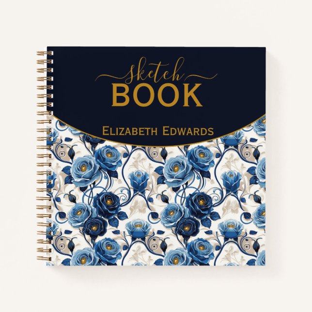 Sketchbook Elegant Blue Roses and Gold Personalize Notebook (Front)