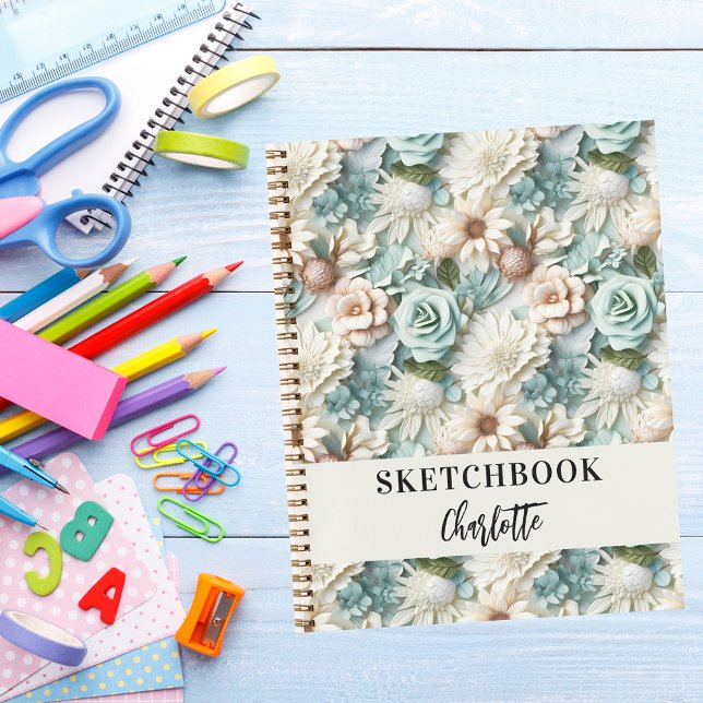 Sketchbook flowers dusty green cream name script notebook (Creator Uploaded)