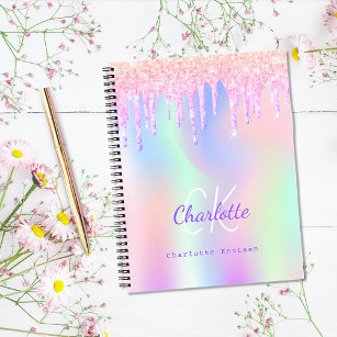 Sketchbook glitter drips rainbow pink monogram  notebook