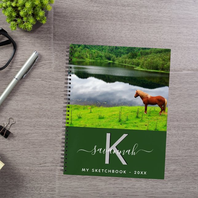 Sketchbook horse photo green monogram notebook (Creator Uploaded)