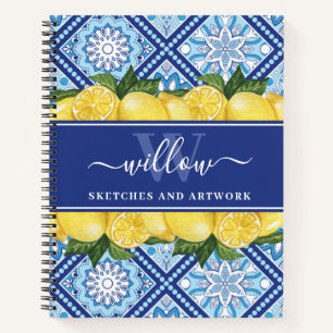 Sketchbook Lemon Blue Tile Monogram Notebook