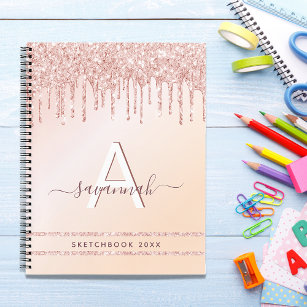Sketchbook monogram rose gold pink glitter modern notebook