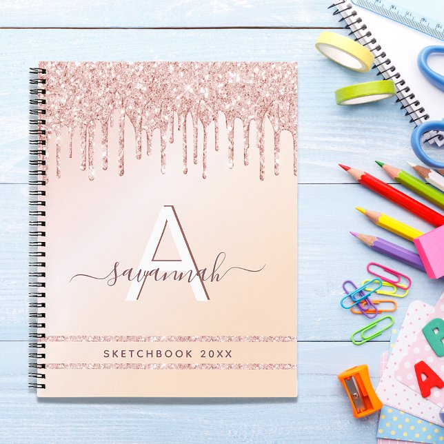 Sketchbook monogram rose gold pink glitter modern notebook (Creator Uploaded)