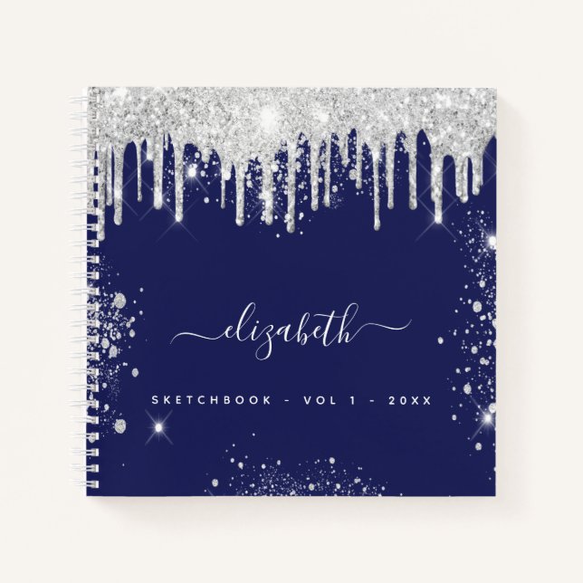 Sketchbook navy blue white monogram name  notebook (Front)