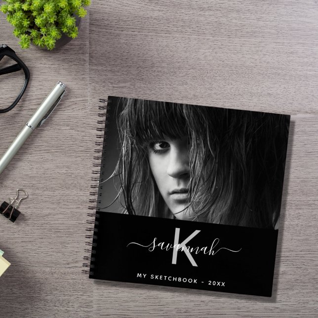 Sketchbook photo black white monogram name notebook (Creator Uploaded)