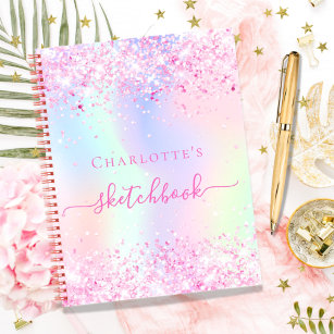 Sketchbook pink glitter holographic unicorn name notebook