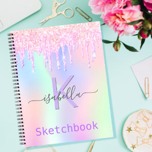 Sketchbook  pink purple glitter iridescent name notebook