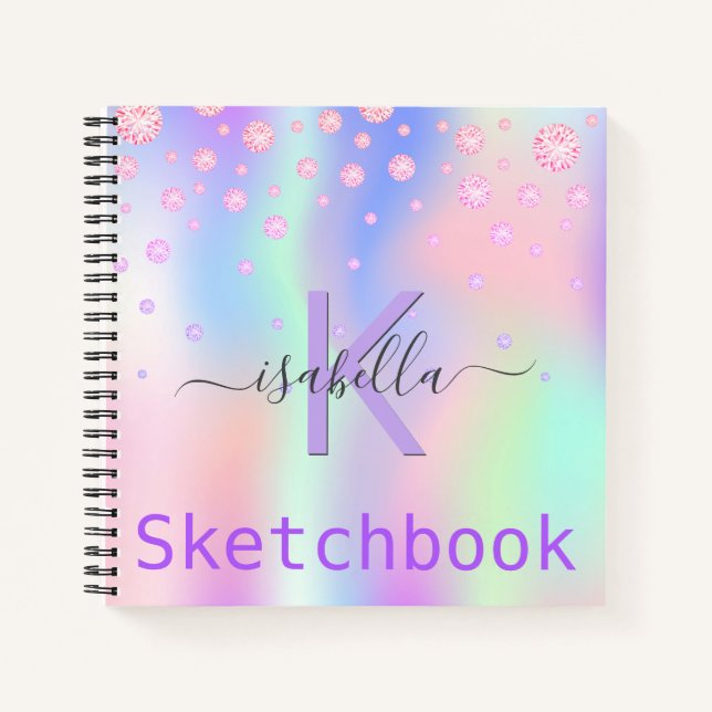 Sketchbook pink purple holographic diamonds name notebook (Front)