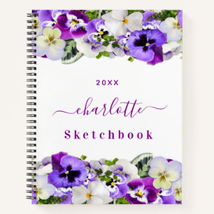 Sketchbook purple florals white monogram notebook