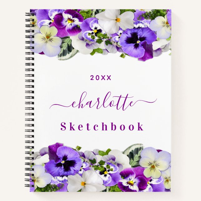 Sketchbook purple florals white monogram  notebook (Front)