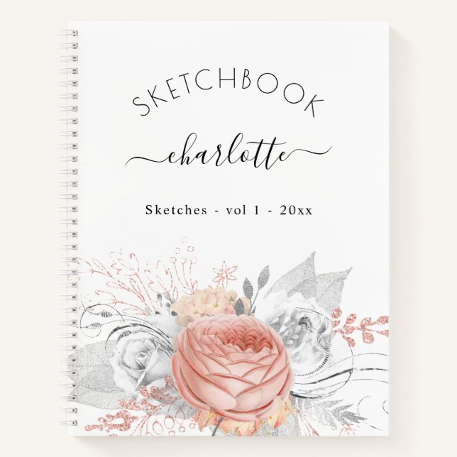 Sketchbook rose gold floral silver notebook (Front)