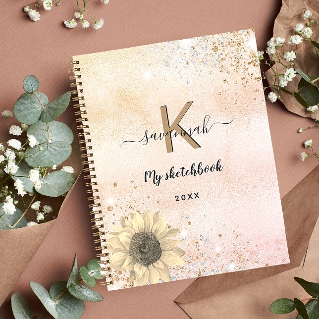 Sketchbook rose gold glitter sunflower monogram notebook (Creator Uploaded)