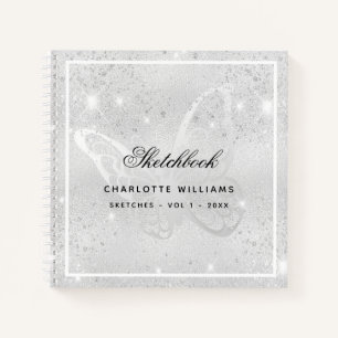Sketchbook silver butterfly glitter sparkles name notebook