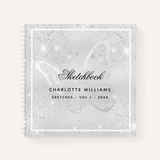 Sketchbook silver butterfly glitter sparkles name notebook (Front)