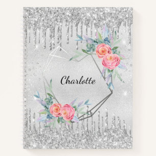 Sketchbook silver floral glitter blush pink name notebook