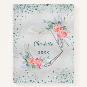 Sketchbook silver florals green glitter dust name  notebook