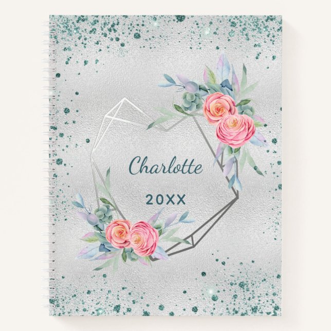 Sketchbook silver florals green glitter dust name  notebook (Front)
