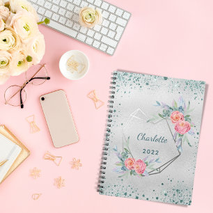 Sketchbook silver florals green glitter dust name notebook