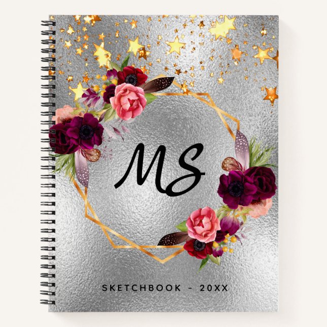 Sketchbook silver monogram gold floral burgundy notebook (Front)