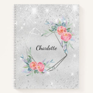 Sketchbook silver pink florals glitter name notebook