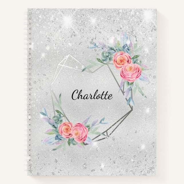 Sketchbook silver pink florals glitter name notebook (Front)