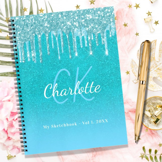 Sketchbook teal blue glitter aqua green monogram notebook (Creator Uploaded)