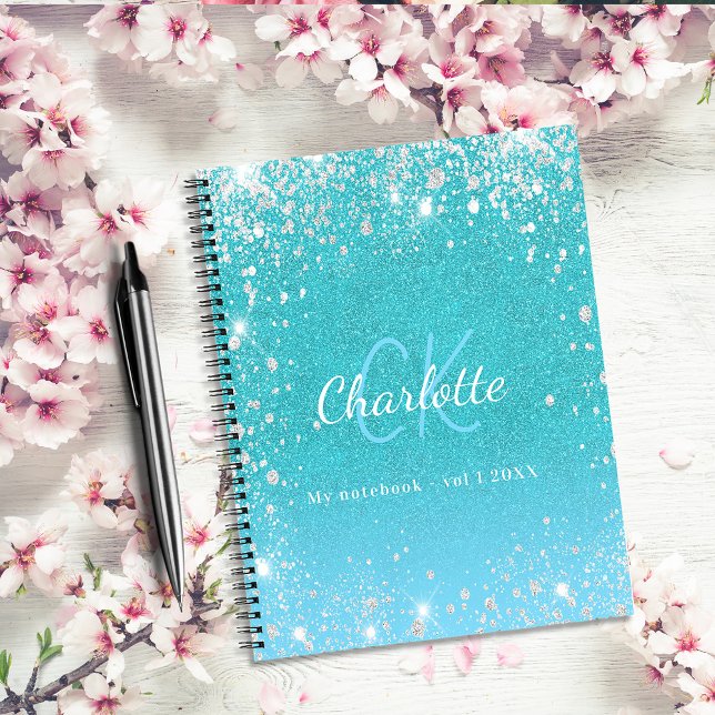 Sketchbook teal blue glitter aqua green name notebook (Creator Uploaded)