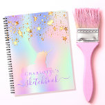 Sketchbook unicorn pink gold stars iridescent name notebook<br><div class="desc">A trendy iridescent coloured background with unicorn and rainbow pastel colours in pink, purple, mint green. Decorated with dripping stars and a rainbow coloured unicorn. Personalise and add a name. The title: Sketchbook is written with a trendy hand lettered script with swashes. To keep the swashes only delete the sample...</div>
