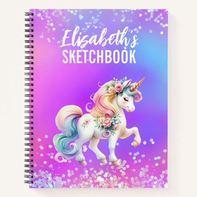 Sketchbook Unicorn Pink Purple Iridescent name Notebook (Front)