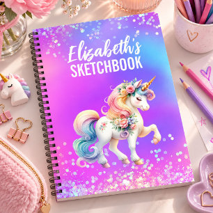 Sketchbook Unicorn Pink Purple Iridescent name Notebook