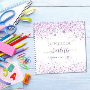 Sketchbook violet white glitter name script notebook