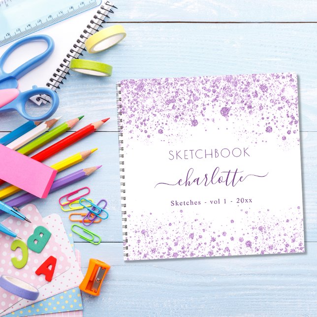 Sketchbook violet white glitter name script notebook (Creator Uploaded)
