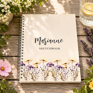 Sketchbook wildflowers beige yellow name script notebook
