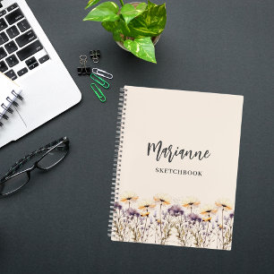 Sketchbook wildflowers beige yellow name script notebook