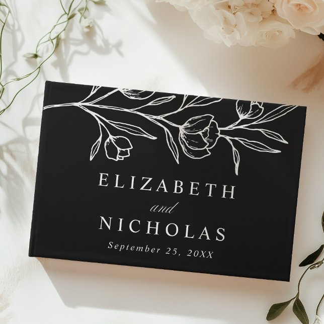 Sketched Black and White Floral Photo Wedding Guest Book (Creator Uploaded)