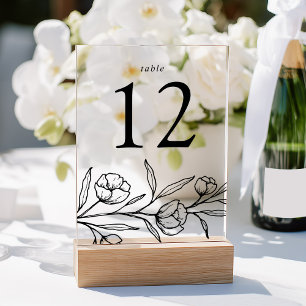 Sketched Black Floral Acrylic Wedding Table Number