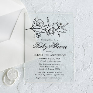 Sketched Black Floral Baby Shower Acrylic Invitations