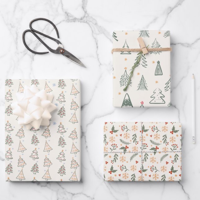 Sketched Boho Trees Holiday Wrapping Paper (Front)