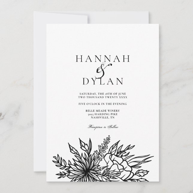 Sketched Botanical Bouquet Wedding QR Code Invitation (Front)