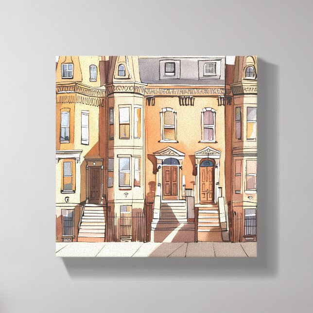 Sketched Brownstones | Boston Street Painting Canvas Print (Front)