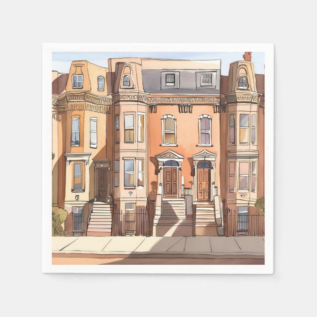 Sketched Brownstones | Boston Street Painting Napkin (Front)