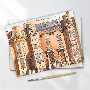 Sketched Brownstones   Boston Street Painting Postcard