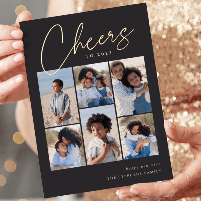 Sketched Cursive 6 Photo Collage New Year Foil Holiday Card (Creator Uploaded)