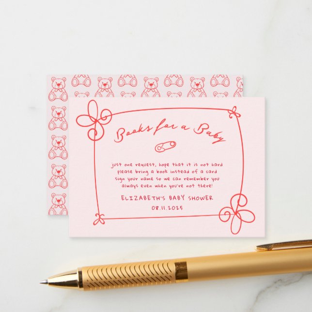 Sketched Cute Wavy Bow Frame Baby Shower Enclosure Card (Front/Back In Situ)